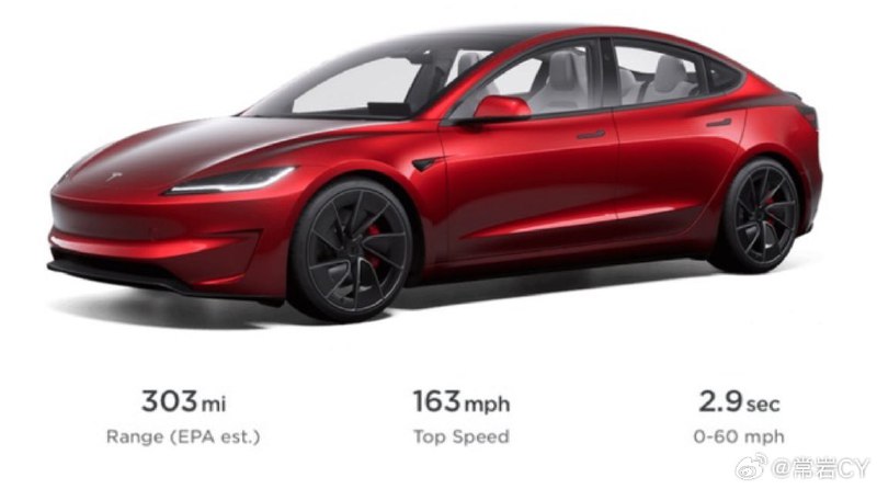 全新 Model 3 Performance 的 EPA 官方续航数字出来了，总数是 303 英里，即 487 公里。配图