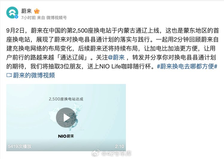 今天，蔚来在中国的第 2,500 座换电站于内蒙古通辽上线了，这也是蒙东地区的首座换电站。配图