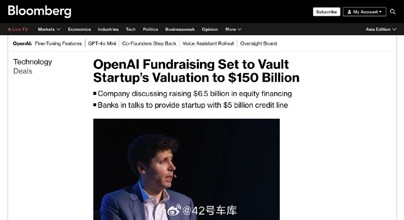 据彭博社报道，OpenAI 正在计划以 1500 亿美元的投资估值筹集 65 亿美元，这比公司今年早些时候的 860 亿美元估值接近翻倍，「巩固了其作为全球最有价值初创公司之一的地位」。配图