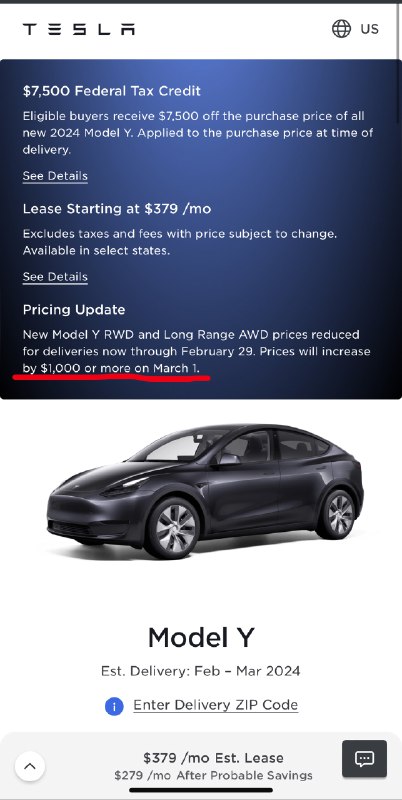特斯拉美国宣布Model Y 本月限时优惠1000美金。配图