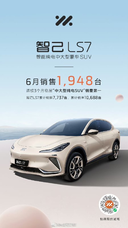 智己 LS7 6 月销售 1,948 辆。配图