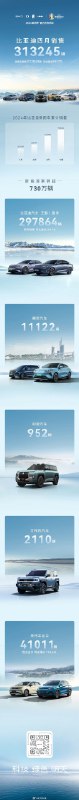 比亚迪公布 4 月销量数据。4 月销售 313,245 辆，同比增长 49%。配图