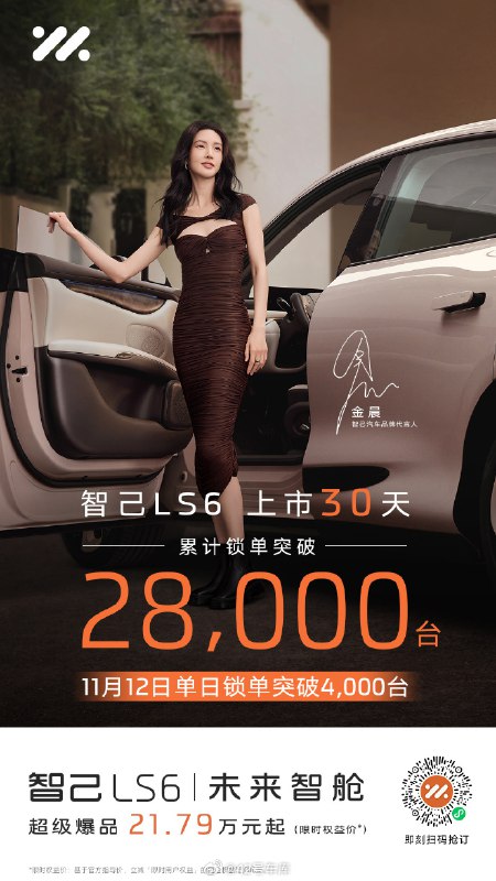 智己 LS6 上市权益期锁单量共计 28,000 台，其中上市权益最后一天锁单量达到 4,000 台。配图