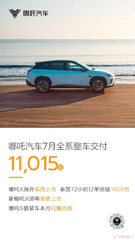 哪吒 7 月交付 11015 辆，这个月对哪吒尤其关键，新的几个车需要全面突围了。配图