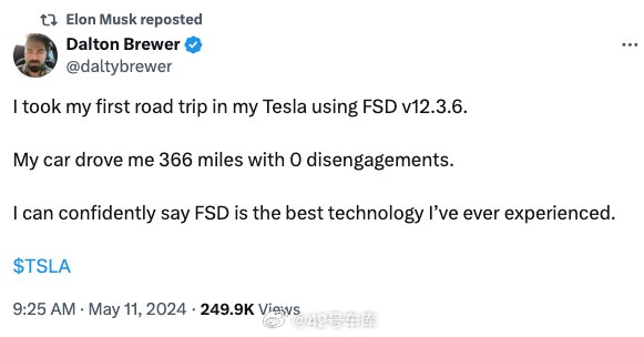 有国外网友表示用特斯拉 FSD V12.3.6 进行了一次公路旅行，开了 366 英里（约 589 km）零接管。配图