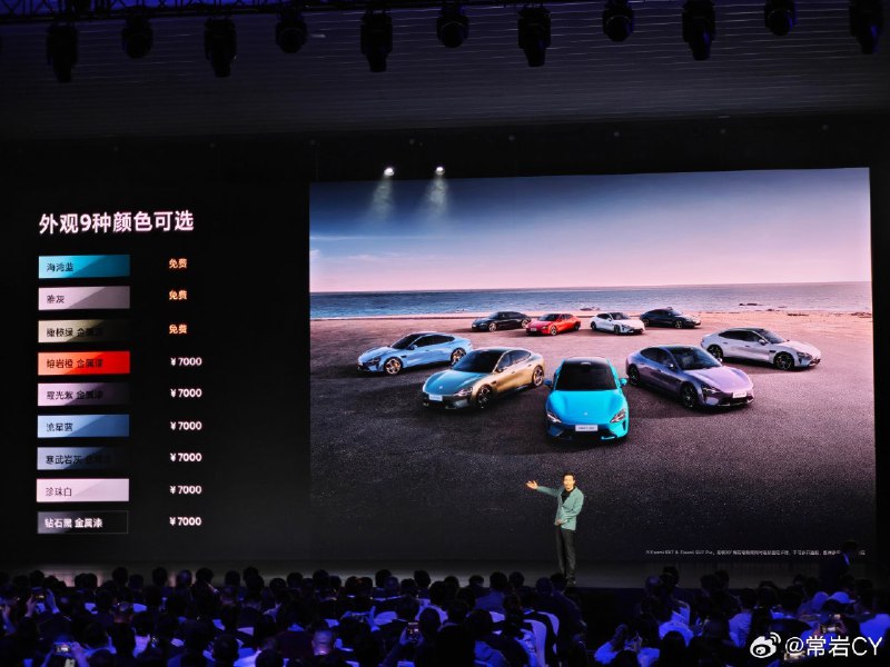 小米 SU7 的 6 款新颜色选装价 7000 元，内饰全免费，轮毂大尺寸的两个分别为 6000 和 12000 元，购买方式如图。 北京·北京亦创国际会展中心配图