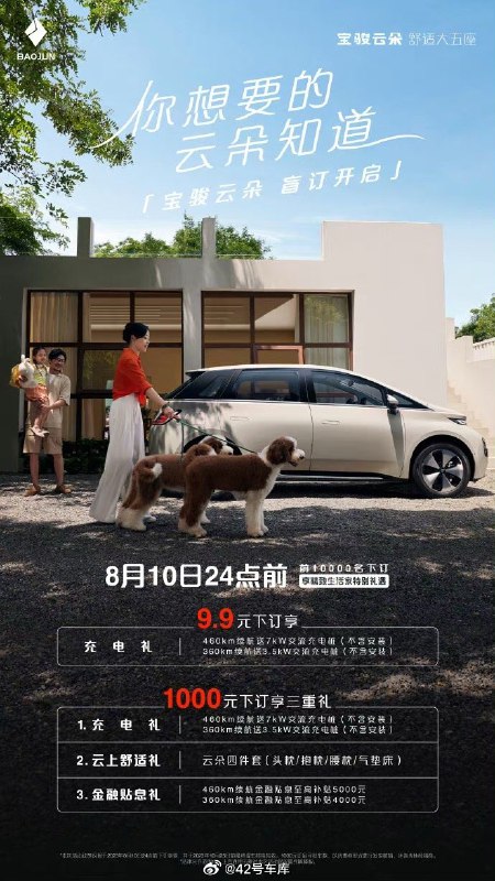 最近，我们从官方渠道获悉，宝骏云朵官宣全国盲订不到 12 小时，订单突破 3000 台，其中 1000 元大订占比超过 70%。新车将会在 8 月 10 日正式上市。配图