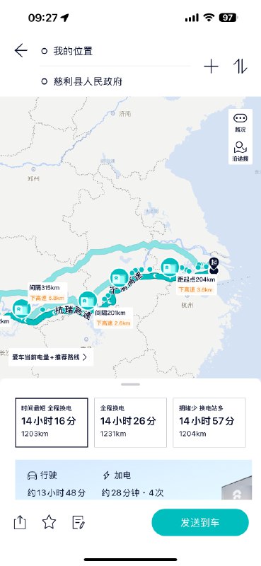这次开蔚来跑很远的长途，才发现“加电App”的线路规划逻辑不够合理，所以我回程几乎不看，而是用车机，但车机服务区充电信息又不准确，所以高德App、车机来回看。配图