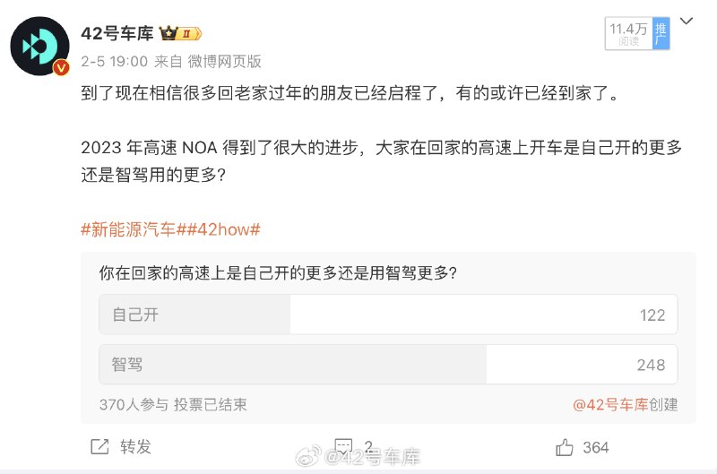 从上次做得调查来看，过年回家在高速上开车用智驾更多的人数是自己开更多的两倍。配图