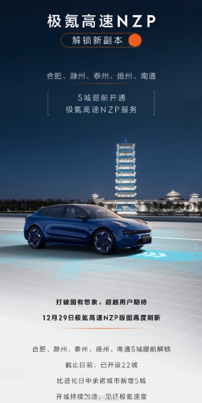 極氪高速 NZP 開通合肥、滁州、泰州、揚州、南通五座城市。配圖