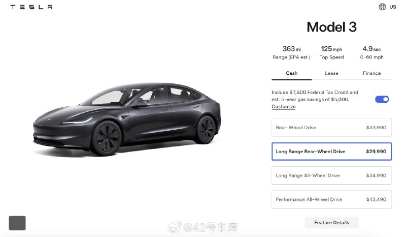 根据特斯拉美国官网显示。特斯拉重新推出 Model 3 长续航版。续航里程 363 英里,售价 42,490 美元。配图