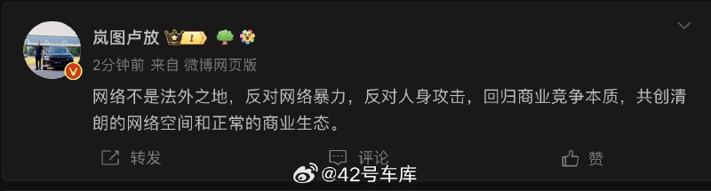 岚图卢放：网络不是法外之地，反对网络暴力。配图