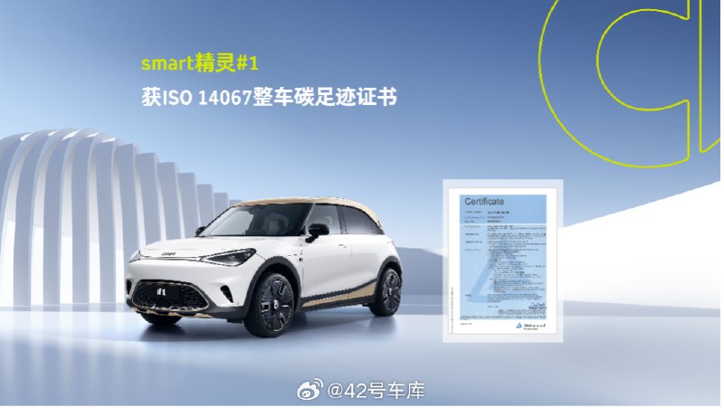 smart 精灵 1 获得基于 ISO 14067 标准的整车碳足迹证书。配图