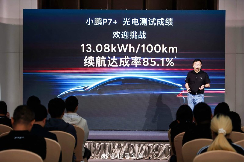 小鹏实测，小鹏 P7+ 的能耗为 13.08 kWh / 100km，CLTC 续航达成率 85.1%。配图