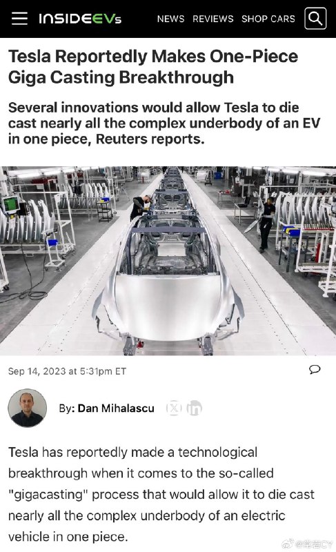 据Inside EVs报道，特斯拉在所谓的“Gigacasting”工艺方面取得了技术突破，该工艺将使其能够将电动汽车几乎所有复杂的车身底部压铸成一体。配图