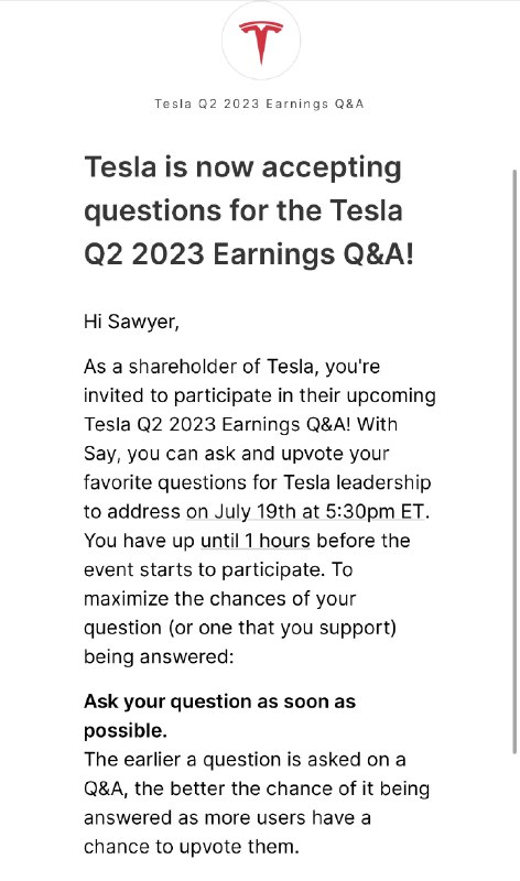 Tesla is now accepting questions for the Tesla Q2 2023 Earnings Q&A!配图
