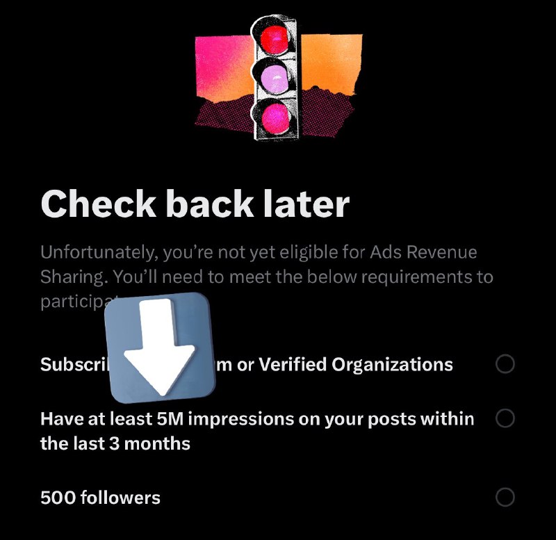 Great news: X has lowered the threshold for ad revenue sharing. Apply to be a blue check verified account. Then start to monetize your content.配圖