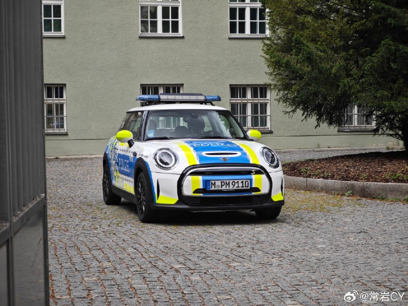 见到了一辆 MINI Cooper 警车，上面竟然还有中文。配图