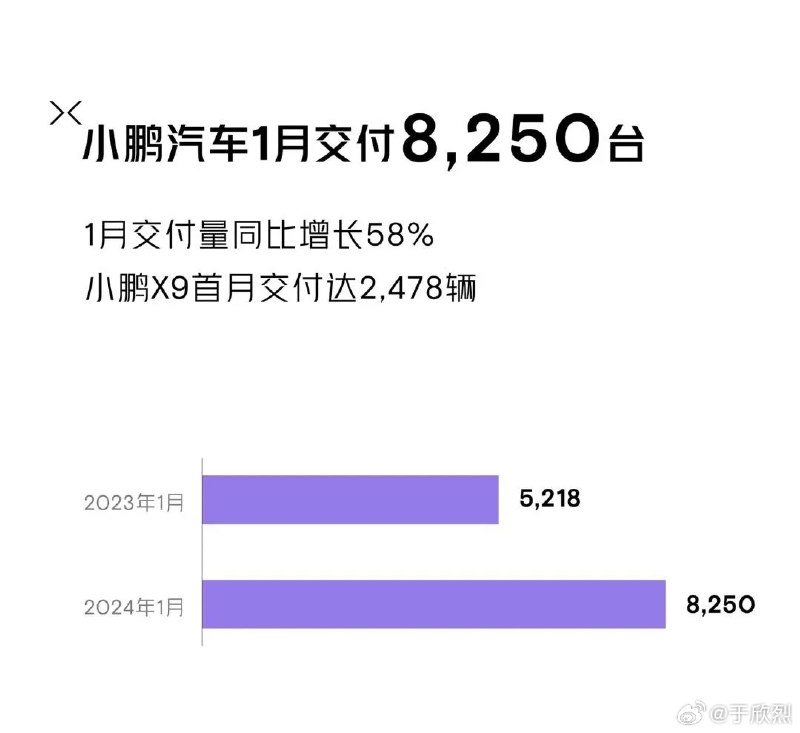 小鹏 2024 年 1 月交付 8,250 辆，其中应该还包括了 2,478 辆 X9。配图