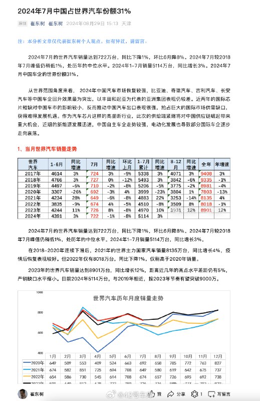 2024 年 7 月中国占世界汽车份额 31%。配图