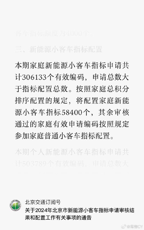 北京的新能源车指标（家庭申请）排队已经排到六年后了……配图