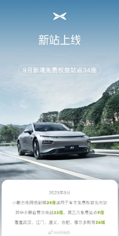 小鹏汽车 9 月份新增 34 座适用于车主的免费权益充电站，其中小鹏自营 25 座，第三方免费站点 9 座。配图