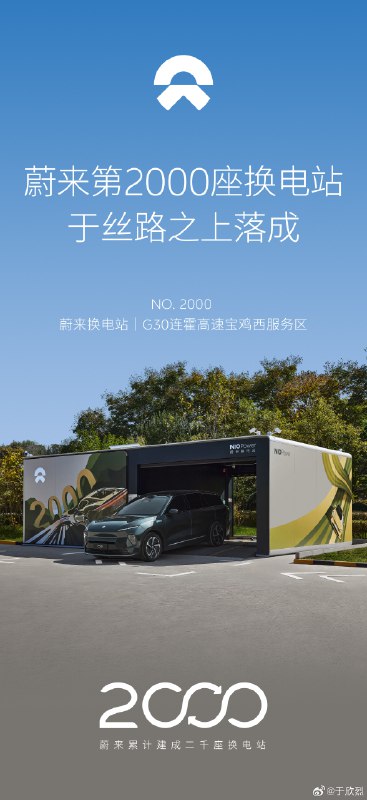 蔚来 2000 座换电站达成，其中有 601 座高速换电站。配图