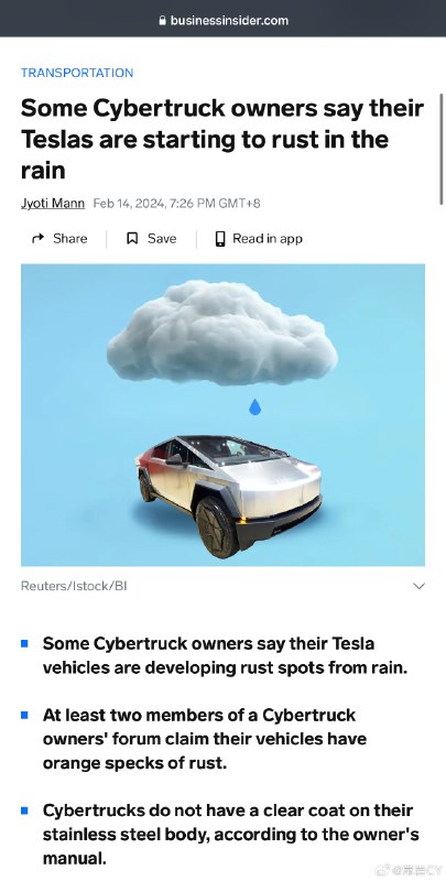知名特黑媒体Business Insider 发文表示，已经有Cybertruck 的不锈钢车体出现了锈痕。配图