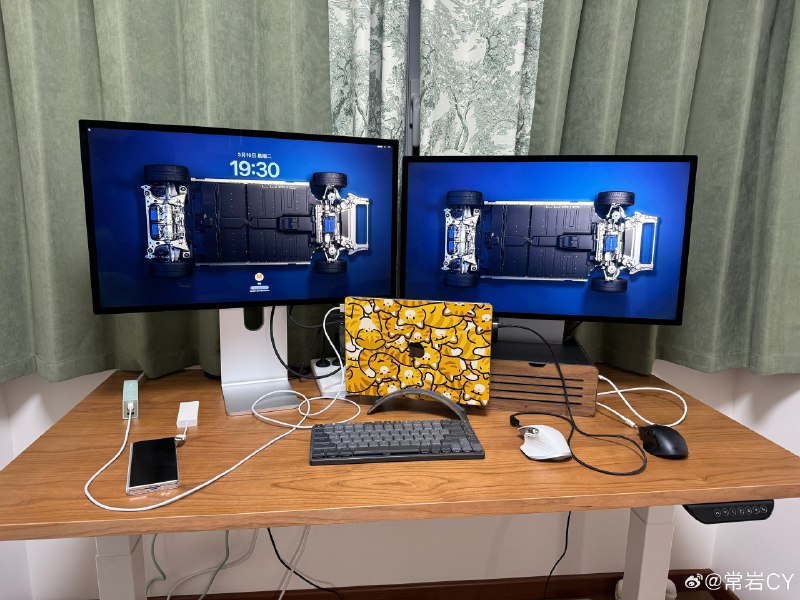 终于把我新家办公桌的基本 Setup 搞定了，双 Apple Studio Display 的显示面积对于写作这个任务绝对绰绰有余。配图
