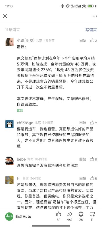 这个「误」有点儿大… 看来理想官方并没有再次调整今年的销量目标到 48 万辆。原文中的目标调整只是一些投资人的预测……配图