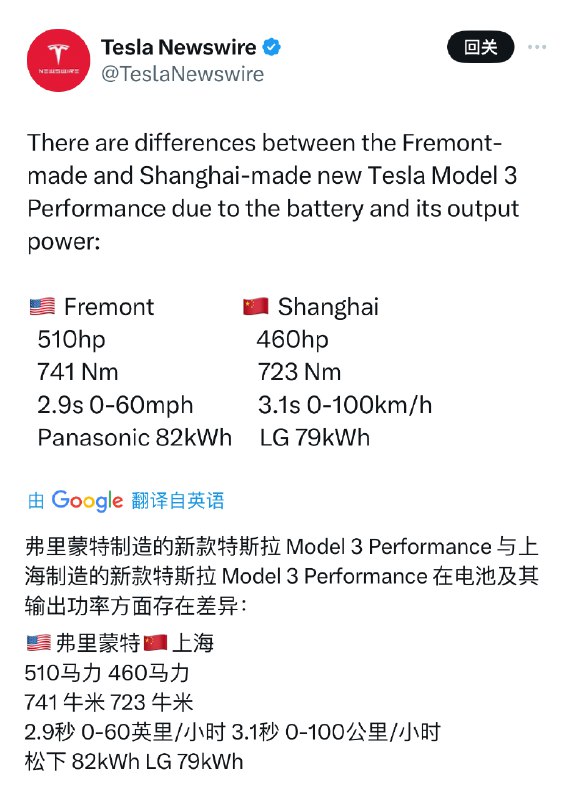 這就有點遺憾啊，上海產的新Model 3P 跟 弗利蒙特產的會在電池及輸出功率方面存在差異😭配圖