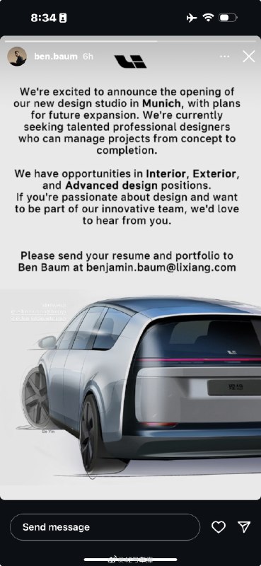 理想汽车高级设计总监 Ben Baum IG 最新动态：我们在慕尼黑开设了设计工作室，还有扩张计划。配图