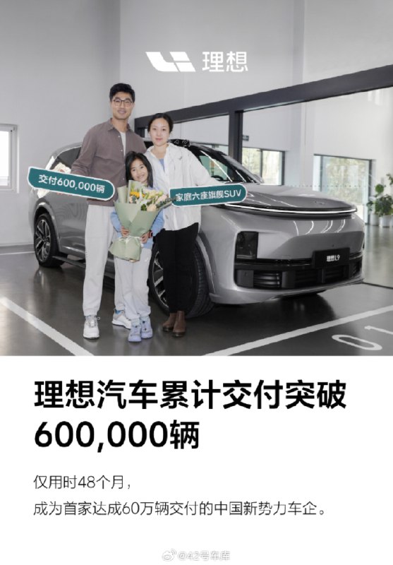 理想汽车累计交付量超过 60 万了。配图