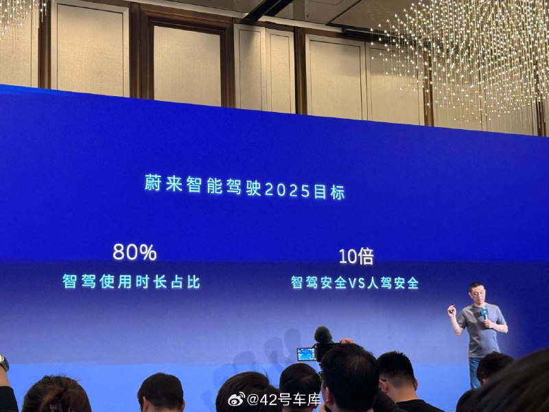 蔚来智能驾驶 2025 目标：80% 的智驾使用时长占比和 10 倍智驾安全 VS 人驾安全。配图