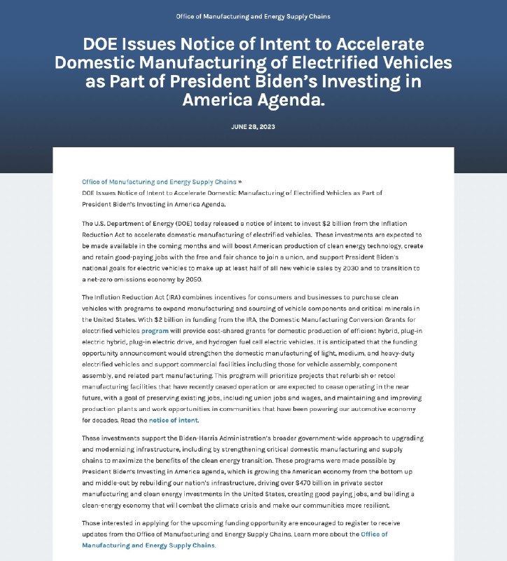 NEWS: The U.S. Department of Energy has released a notice of intent to invest $2 billion from the Inflation Reduction Act to accelerate domestic manufacturing of electrified vehicles. https://t.co/4FIMn7nSGx配图