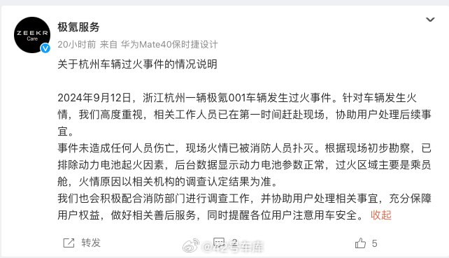 极氪：杭州车辆过火事件已排除动力电池起火因素。配图