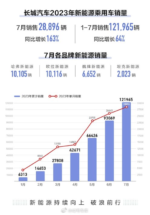 长城汽车 7 月新能源销量为 28,896 辆，同比增长 163%。配图