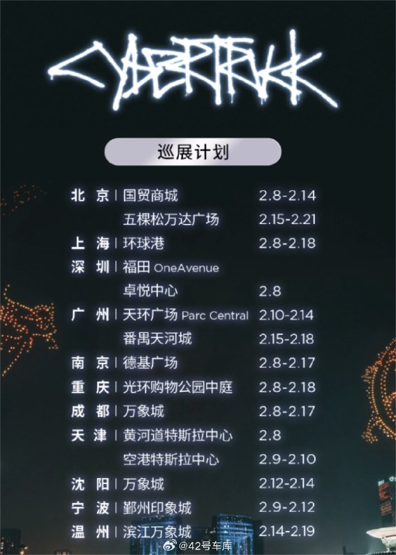 特斯拉赛博越野旅行车 Cybertruck 先前发布了最新巡展地点以及时间，目前巡展已经在进行当中。有朋友过年期间已经去看了吗～配图