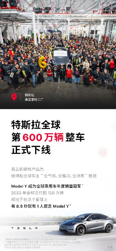 //@Grace陶琳-Tesla:继Model Y超越卡罗拉成为2023年全球最畅销的单一车型，特斯拉迎来了600万辆整车下线[打call], 我们继续努力用优质产品来服务更多客户。 查看图片配图