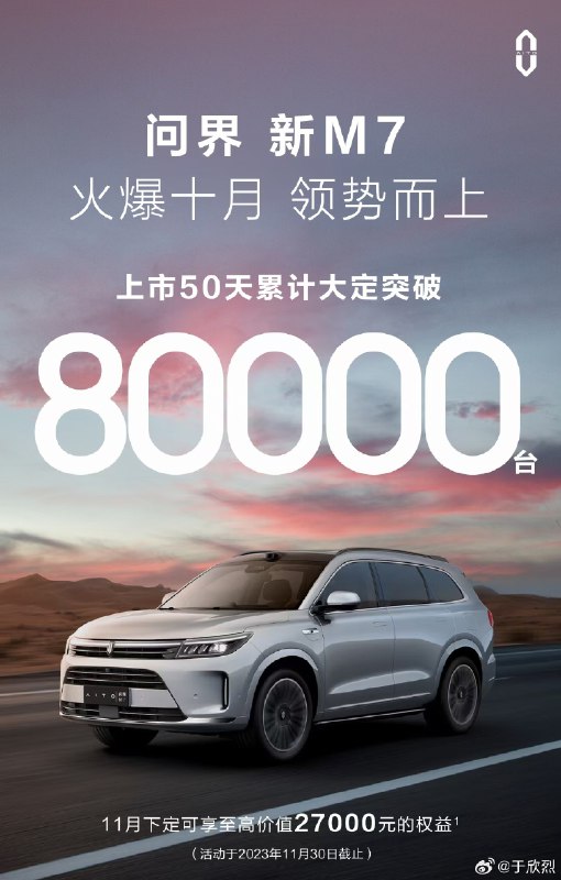 問界新 M7 公佈累計大定超 80,000 輛，雪球滾起來了。明天起權益繼續退坡，第三階段看起來是取消了現金優惠，保留了價值 27,000 元選配權益？配圖