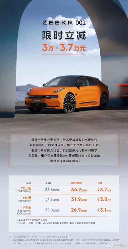 2023款ZEEKR 001最新限时价格权益政策，可享受3万-3.7万元的限时价格减免。配图