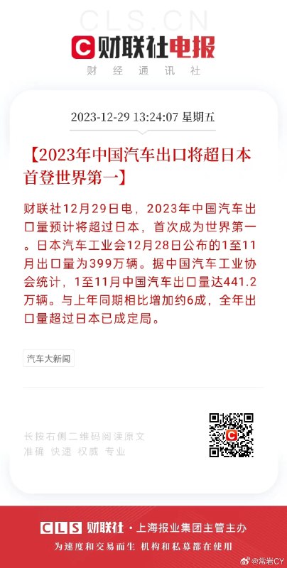 #2023年中國汽車出口將首登世界第一#【#2023年中國汽車出口將超日本# 首登世界第一】財聯社12月29日電，據共同社28日獲悉，2023年中國汽車出口量預計將超過日本，首次成為世界第一。日本汽車工業會當天公佈的1至11月出口量為399萬輛。據中國汽車工業協會統計，1至11月中國汽車出口量達441.2萬輛。與上年同期相比增加約6成，全年出口量超過日本已成定局。配圖