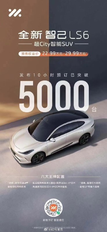 智己 LS6 昨天车展发布预售，10 小时预定量突破 5000 辆，大家觉得这个成绩怎么样？配图