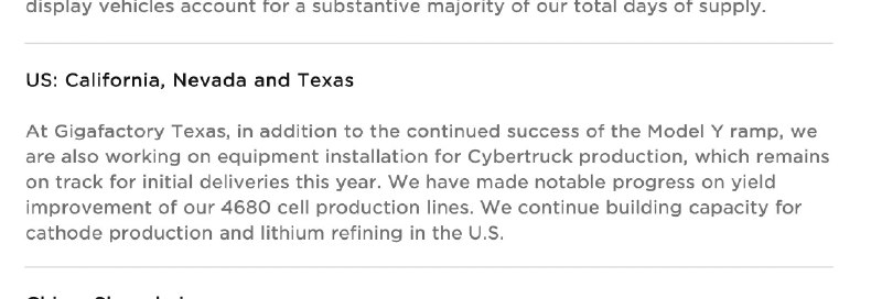 NEWS: @Tesla says Cybertruck deliveries remain on track for this year and that they have made notable progress on yield improvement of their 4680 cell production lines. https://t.co/tD6KLE0H23配图