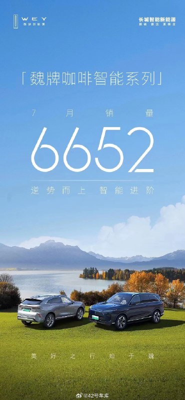 魏牌咖啡智能系列 7 月銷量 6652 台。配圖