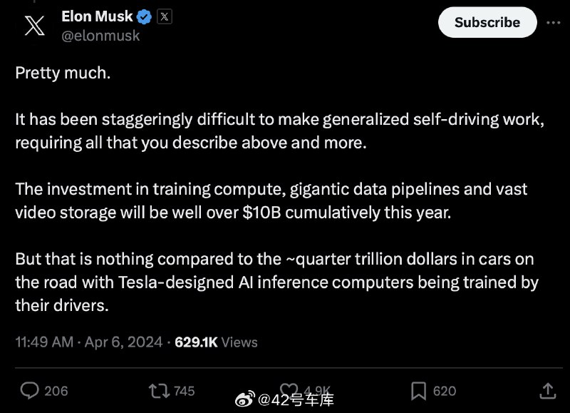 特斯拉今年在自动驾驶领域的累计投入将超过 100 亿美元（约合人民币 723.4 亿元） ）。配图