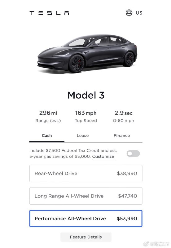 很任性，特斯拉在美國把剛剛發佈的 Model 3 Performance 漲價了 1000 美元。配圖