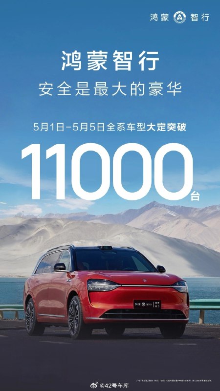 鸿蒙智行在 5 月 1 日到 5 月 5 日的销量突破 1.1 万台。配图
