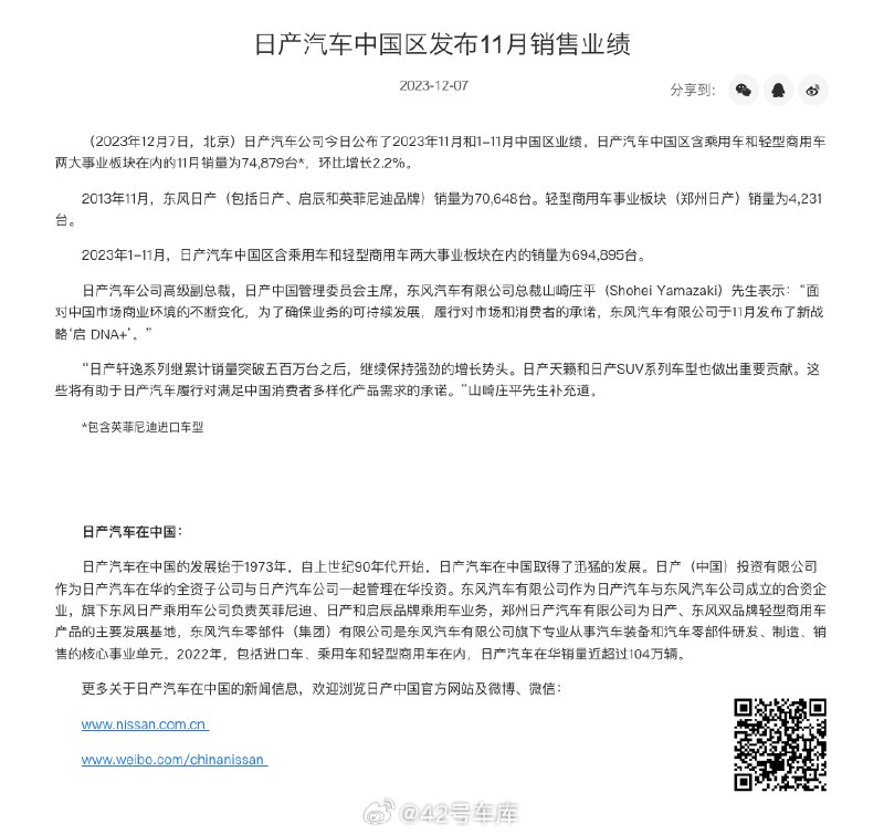 日产汽车中国区 11 月销量公布。配图