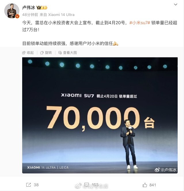 根据卢伟冰在微博上发布的消息，雷军在小米投资者大会上宣布：配图